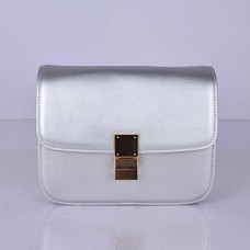 Geantă Celine Classic Box Calfskin Flap Bag argintie