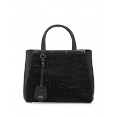 Geantă tote Fendi 2Jours Petite din păr de vițel cu relief crocodil, neagră Geantă tote Fendi 2Jours Petite din păr de vițel cu relief crocodil, neagră