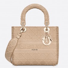 Geantă Dior Lady D-Lite medie din pânză brodată bej