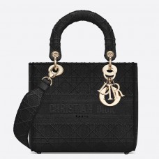 Geantă Dior Lady D-Lite medie din pânză neagră brodată