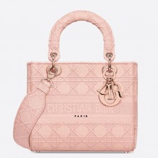 Geantă Dior Lady D-Lite medie din pânză brodată roz
