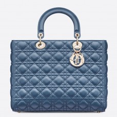Geantă Dior Lady Dior mare din piele de miel Cannage albastră denim
