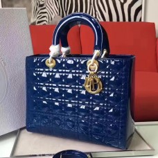 Geantă Dior Lady Dior mare din piele albastră lăcuită